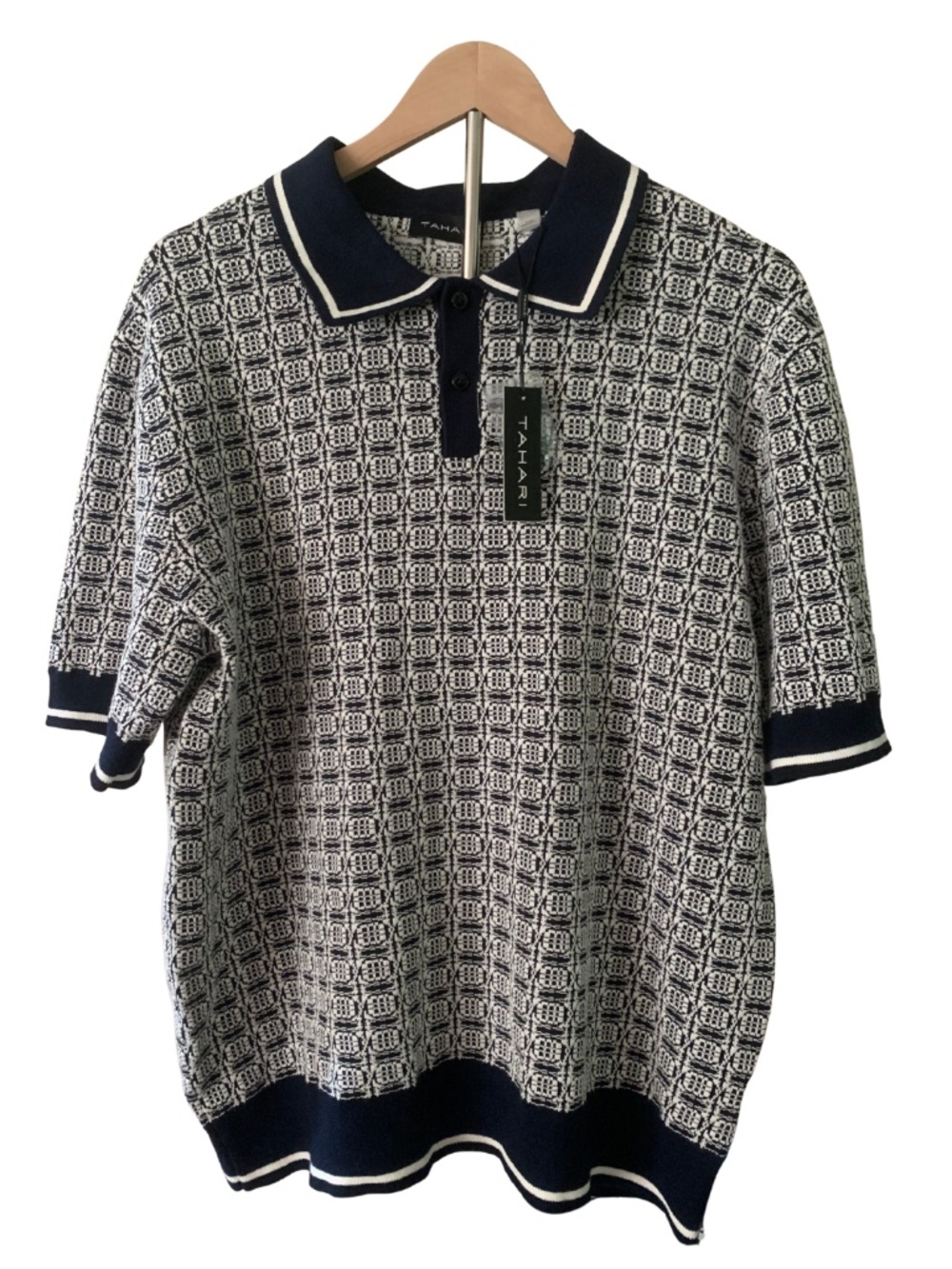 Tahari Navy & White Geometric Knit Polo Men's L Retro Travel